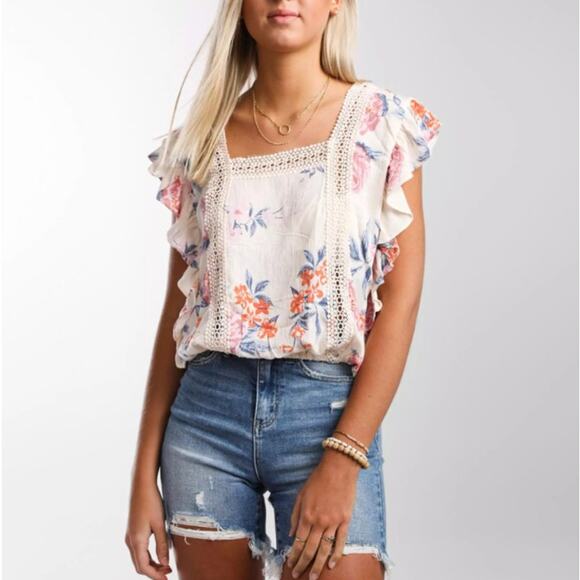 Angie Square Neck Crochet Crinkle Floral Flutter Ruffle Blouse Top Cream Large - Picture 1 of 7